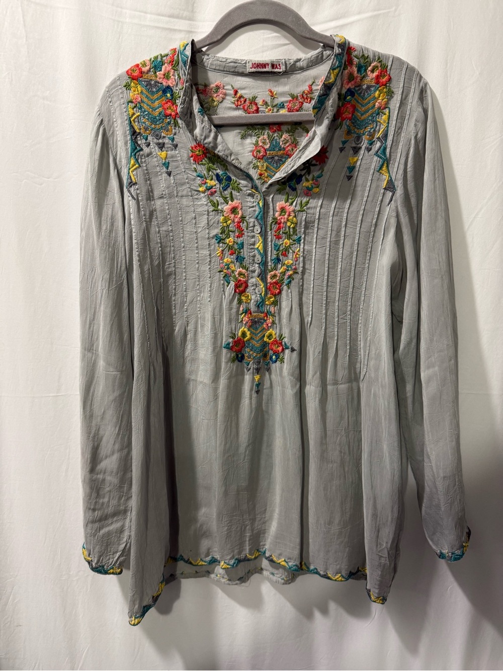 Johnny Was Gray Embroidered Floral Boho Tunic